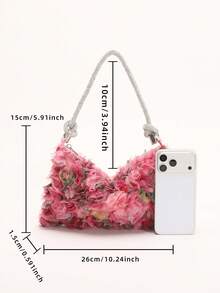 Túi xách đeo vai kiểu hobo xếp nếp hoa 3D màu hồng dành cho nữ và thiếu nữ, quai xách đính đá lấp lánh, túi dự tiệc, thích hợp cho đám cưới, dạ hội, quà tặng sinh nhật/Lễ tình nhân/phù dâu lý tưởng cho phái nữ. - Màu Hồng Tươi - Xem 2