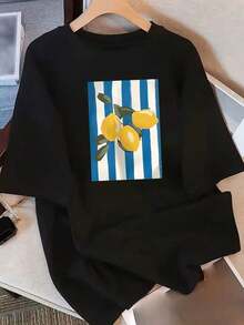 Camiseta de Algodón Puro, Novedad Verano 2026: Diseño Moderno Minimalista, Manga Corta para Mujer, Estampado de Diseño Único, Camiseta Holgada de Media Manga con Efecto Adelgazante para Estudiantes, Camiseta Estampada Casual Versátil y Cómoda para Mujer, Camiseta Fresca de Verano Estilo Unisex, Estilo Unisex - Negro - Ver 1