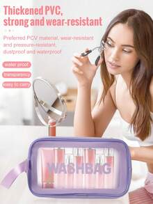 Set de 7 piezas de herramientas de belleza todo en uno con bolsa de lavado transparente, esponjas de maquillaje, borlas de polvo triangulares, tazón limpiador de brochas de silicona y cepillo de limpieza, kit completo de limpieza de esponjas y brochas de maquillaje para viajes y uso diario - Morado Violeta - Ver 3