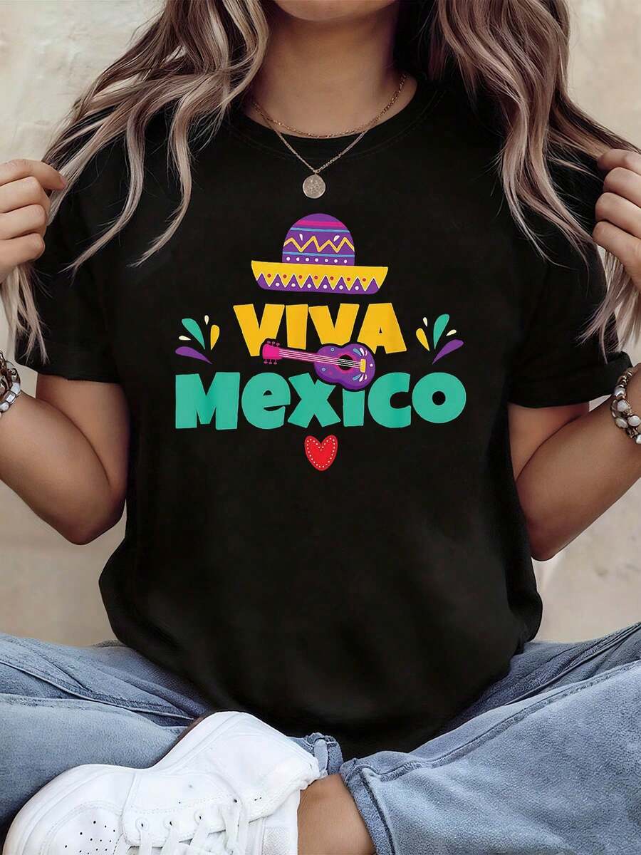 Women's T-Shirt With Viva Mexico Theme - Decorated With Sombrero, Guitar And Slogan, Casual Short Sleeve, Colorful And Exotic, Festive, In Yellow, Purple And Green, Mexican Style - 黑色 - 查看 1