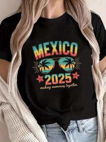 Glasses Mexico Squad Print Cotton T-Shirt, 100% Cotton, Short Sleeve, Round Neck, Casual Style For Summer And Spring, Women's Clothing, Short Sleeve T-Shirt. - 黑色 - 查看 6