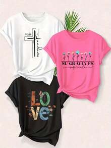 New 2026 Model: Women's Casual Short-Sleeved T-Shirt, Printed With A Cross Symbolizing Christ And A Floral Print With The Words "His Grace Is Sufficient To Fulfill Love." This Women's Short-Sleeved, Crew-Neck T-Shirt Is Made Of Pure Cotton, Breathable, And Has A Sporty Casual Style, Making It An Ideal Holiday Gift. - 黑色 - 查看 1