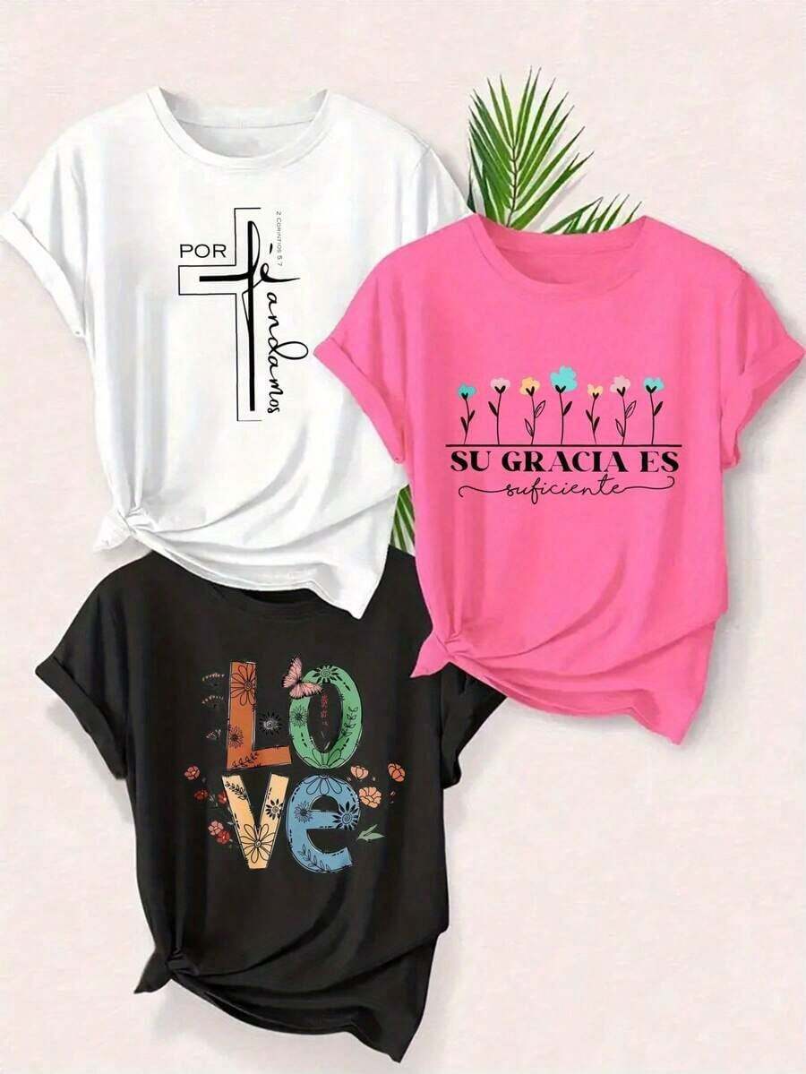 New 2026 Model: Women's Casual Short-Sleeved T-Shirt, Printed With A Cross Symbolizing Christ And A Floral Print With The Words "His Grace Is Sufficient To Fulfill Love." This Women's Short-Sleeved, Crew-Neck T-Shirt Is Made Of Pure Cotton, Breathable, And Has A Sporty Casual Style, Making It An Ideal Holiday Gift. - 黑色 - 查看 1