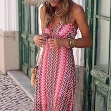 Women's Blue Dress With White Zigzag Print, Deep V-Neck, Thin Straps With Ruffles At The Shoulders, Long Skirt With Side Slit, Light And Flowing Fabric Ideal For Summer, Boho Beach Style Perfect For Vacations, Beach Parties And Trips To The Caribbean - 玫紅色 - 查看 5