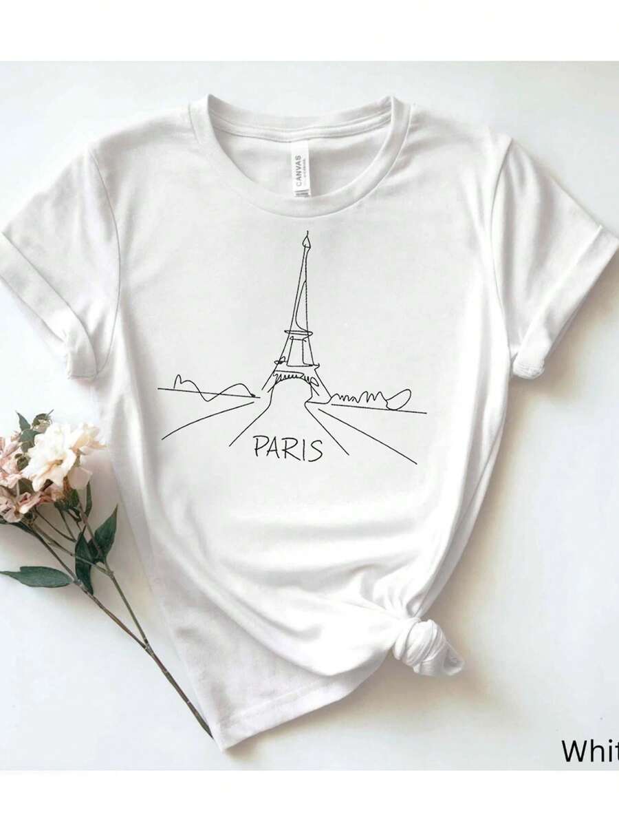 Camiseta de Algodón Blanca para Mujer: Tema de Viaje Torre Eiffel de París - alta calidad - Blanco - Ver 1