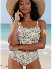 Women's Two Piece Swimsuit, Floral Print, Fresh Style, Elastic Ruched Bikini For Women. - 碎花套裝 - 查看 1