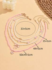 4pcs Sweet Rice Pearl & Metal Flower Butterfly Pendant Necklace Set, Cute & Delicate For Women, Suitable For Outing, Beach, Daily Wear - Multicolor - View 3