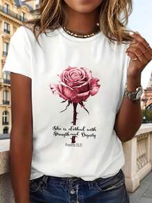 1 Piece Christian Aesthetic Print T-Shirt Of Rose Of Strength And Dignity, Casual Short Sleeve Round Neck Top, Women's Clothing For Spring/Summer, 180g 100% Cotton. - 白色 - 查看 2