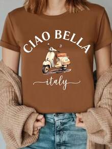 1 camiseta italiana con estampado "Hello", camiseta con estampado de letras "Hello Bella", camiseta de motocicleta italiana, recuerdo de viaje italiano, 180g 100% algodón. - Blanco - Ver 9