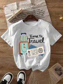 1 pieza [Orientación a la Naturaleza] Camiseta con estampado de letras 'TIME TO TRAVEL', nueva camiseta de cuello redondo para primavera/verano, ropa de mujer, 180g, 100% algodón. - Blanco - Ver 12