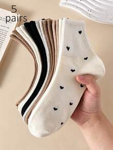 5 Pairs Muted Color Heart Print Ribbed Breathable Soft Mid-Calf Socks, Versatile For Casual, Home, Commute, Student Style, Skin-Friendly, Suitable For All Seasons - Multicolor - View 1