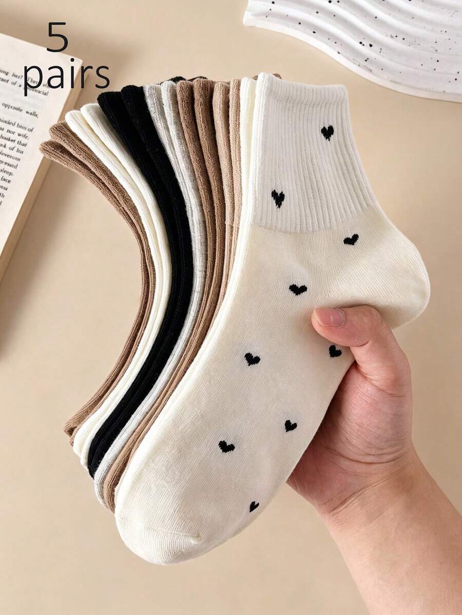 5 Pairs Muted Color Heart Print Ribbed Breathable Soft Mid-Calf Socks, Versatile For Casual, Home, Commute, Student Style, Skin-Friendly, Suitable For All Seasons - Multicolor - View 1