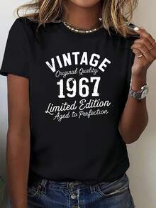 Camiseta de mujer Cozy Comfy Lounge retro 1967 de edición limitada, top casual de manga corta con cuello redondo, patrón geométrico, camiseta de tejido de punto para todas las estaciones, top casual. | Camiseta con Estampado Vintage | Tejido de punto suave y cómodo para uso doméstico - Negro - Ver 1