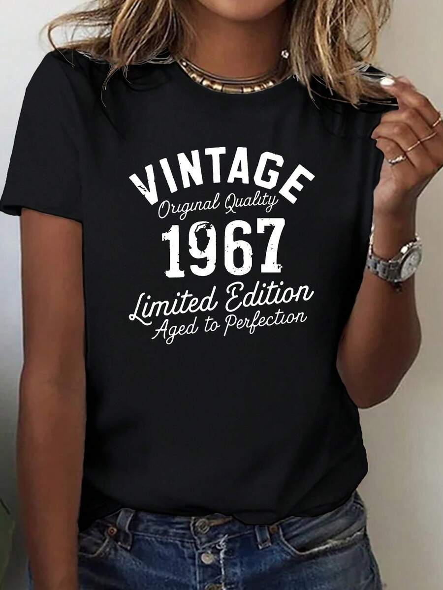 Camiseta de mujer Cozy Comfy Lounge retro 1967 de edición limitada, top casual de manga corta con cuello redondo, patrón geométrico, camiseta de tejido de punto para todas las estaciones, top casual. | Camiseta con Estampado Vintage | Tejido de punto suave y cómodo para uso doméstico - Negro - Ver 1