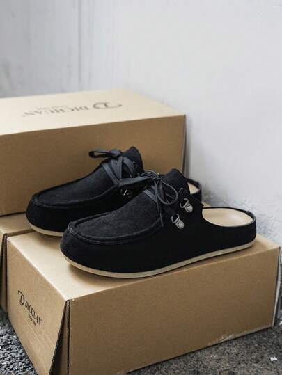 Men's Retro Lace-Up Slide Sandals, Suede Casual Mule Shoes, Summer Fashion Slip-On Flats, Large Size 46