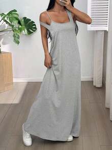 Vestido casual de verano para mujer de unicolor con cuello asimétrico y sin mangas - Gris - Ver 2