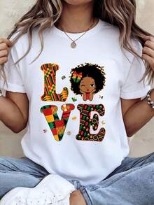 A Classic And Versatile One-Piece, This Short-Sleeved, Pure Cotton T-Shirt Features A LOVE Design For Women With An African Print. A Modern Style. - White - View 1