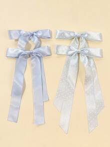 Bộ 4 kẹp tóc nơ chấm bi bằng satin tối giản dành cho nữ, thích hợp sử dụng hàng ngày. - Màu xanh nhạt - Xem 2