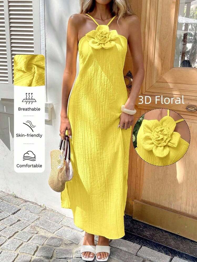 YHHSylviya Vestido maxi con abertura y estampado floral 3D en escote halter, vestido de verano de color amarillo mantequilla para mujer, atuendos de verano, atuendos de vacaciones, atuendos de playa, vestidos de graduación, ropa de verano, vestidos de vacaciones, vestidos de playa, ropa de vacaciones, estilo bohemio, atuendos para salir, vacacionesYHH - Amarillo 3 - Añade 4