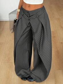 Pantalones casuales de rayas tejidas de color gris oscuro para mujer - Gris - Ver 4