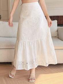 Falda elegante de mujer con volantes bordados y dobladillo calado en color albaricoque - Blanco - Ver 8