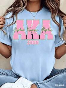 Camiseta de Mujer con Estampado de la Hermandad Alpha Alpha AKA 1908, Cuello Redondo, Manga Corta, Estilo Casual, Regalo para Estudiantes Universitarios, Nueva Colección Verano 2026 - Azul - Ver 6