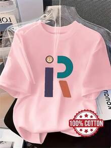 TH336 Women's T-Shirt, Modern Style With Short Sleeve Letter R Print, Fashionable Printed T-Shirt, 100% Crew Neck Short Sleeve, Loose Fit With Drop Shoulders, Sweat-Absorbent And Breathable, Comfortable Casual Home Wear, Suitable For Autumn And Winter - 羅莎 - 查看 6