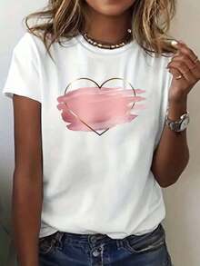 Diseña una camiseta estampada con temática de corazones, una camiseta informal de manga corta y cuello redondo para mujer, adecuada para primavera y verano - Estilo callejero vintage, camise - Blanco - Ver 6