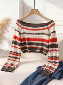 Contrast Stripe Off Shoulder Cropped Knit Top - Multicolor - View 2