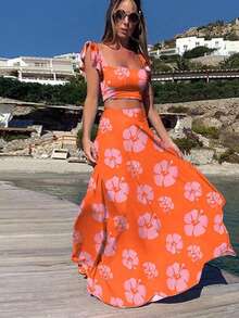 Women's Two-Piece Set With Floral Print Crop Top And Maxi Skirt, Halter Neckline, High Belt, Lightweight And Breathable Fabric Ideal For Beach, Vacation And Summer, Boho Chic Style Perfect For Beach Parties And Resorts - 橘色 - 查看 4