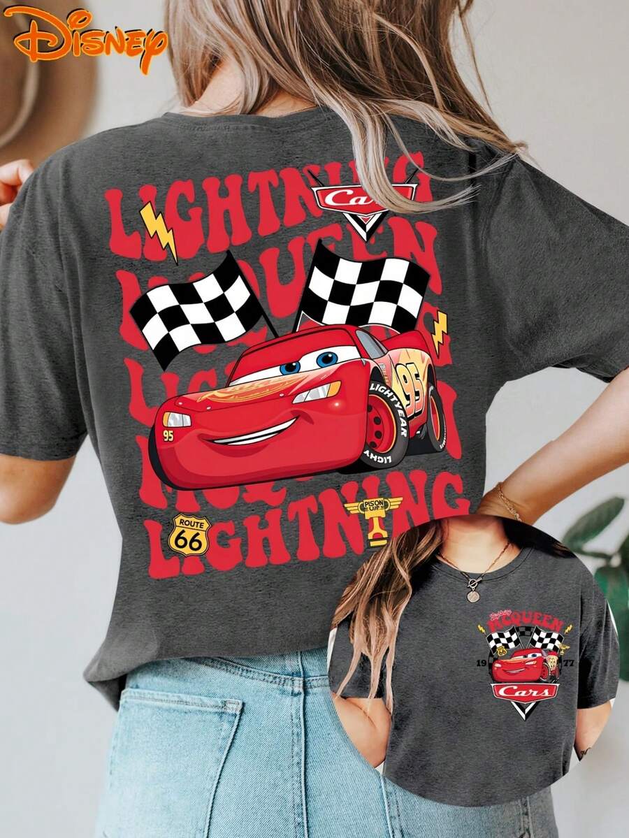 Authentic Women's Disney Short-Sleeved Lightning McQueen Double-Sided Printed Round Neck Summer T-Shirt, Suitable For Spring, Summer And Autumn, Disney Travel Fashion Leisure Daily Commuting Holiday Joker Retro Style. - 深灰色 - 查看 1
