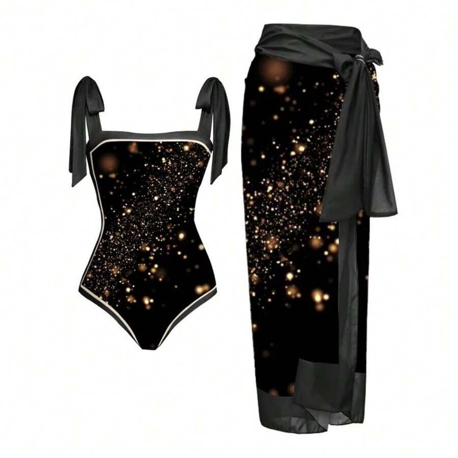 Women's One-Piece Swimsuit, Sexy Bikini With Long Lace-Up Skirt, Three-Piece Set. - 黑色銀河 - 查看 1