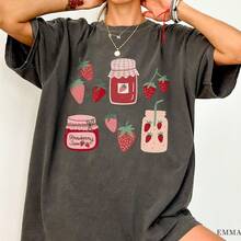 Camiseta de fresas , Camiseta Cottagecore, Ropa Boho, Camiseta Botánica, Camiseta Estética, Camiseta de frutas Kawaii, Camiseta de fresas - Multicolor 1 - Ver 1