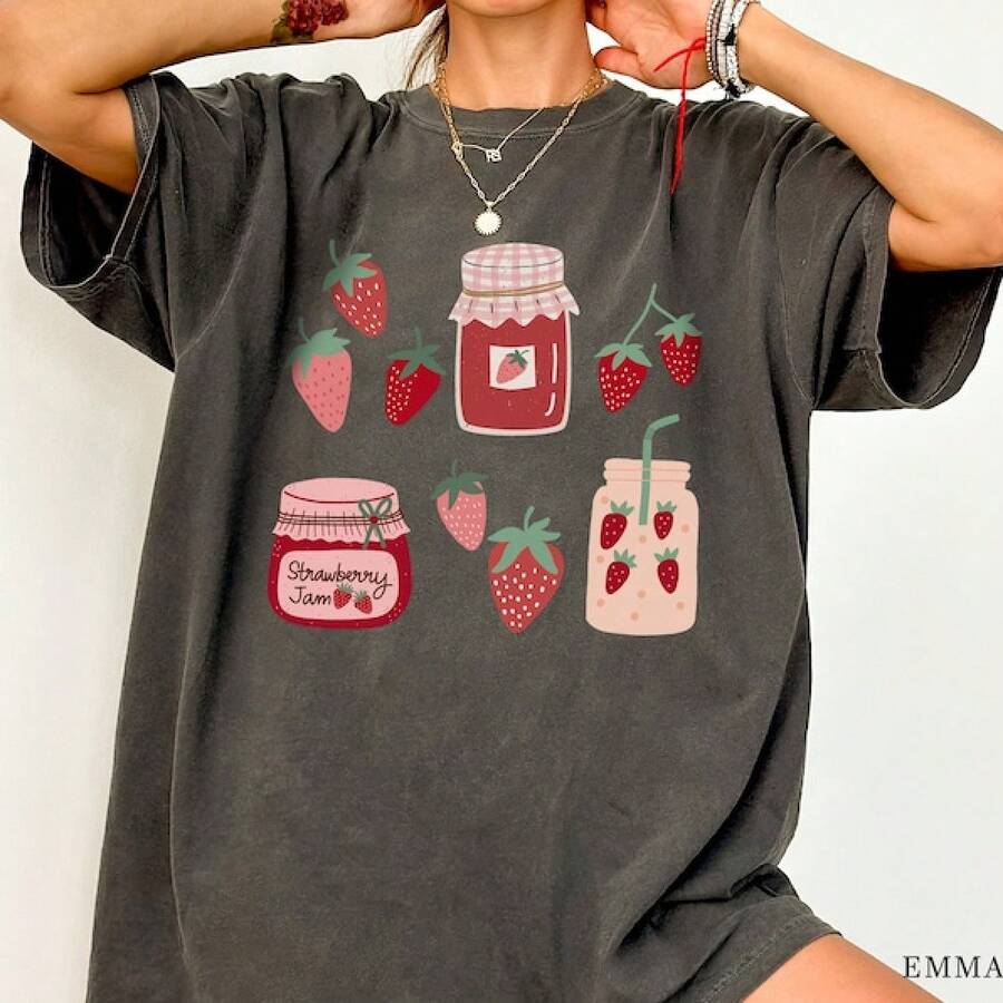 Camiseta de fresas , Camiseta Cottagecore, Ropa Boho, Camiseta Botánica, Camiseta Estética, Camiseta de frutas Kawaii, Camiseta de fresas - Multicolor 1 - Ver 1