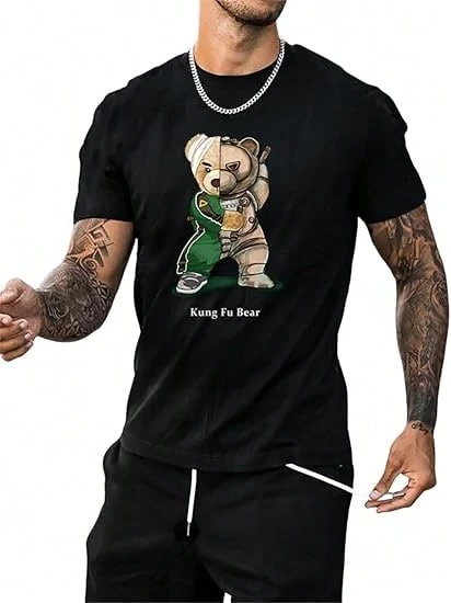 Men's Summer Crew Neck T-Shirt, Comfortable Loose Short Sleeve, Fashion Retro Casual Single Side Print - Casual Cool Fashion Top Shirt with Quirky Bear Pocket Print, Machine Washable, Wear in all Seasons, Shirt - Negro - Ver 1