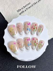 10pcs Handmade Short Almond-Shaped Nail Stickers, Elegant Nude French Manicure Style With Floral Pattern, Suitable For Women's Daily Commute, Party And Office Attire, Reusable Nail Art Set With Manicure Tools - Multicolor - View 4