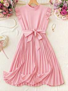 Vestido de verano para mujer de unicolor con mangas cortas, cuello alto, cintura plisada, para vacaciones y playa - Rosa - Ver 6