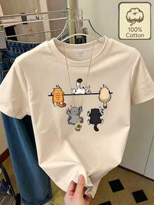 Women's T-Shirt With A 100% Fun Climbing Cat Graphic | Cartoon Kitten Print, Casual, Loose Fit, Short Sleeve | Comfortable Top For Cat Lovers And As A Gift - [淺褐色的] - 查看 1