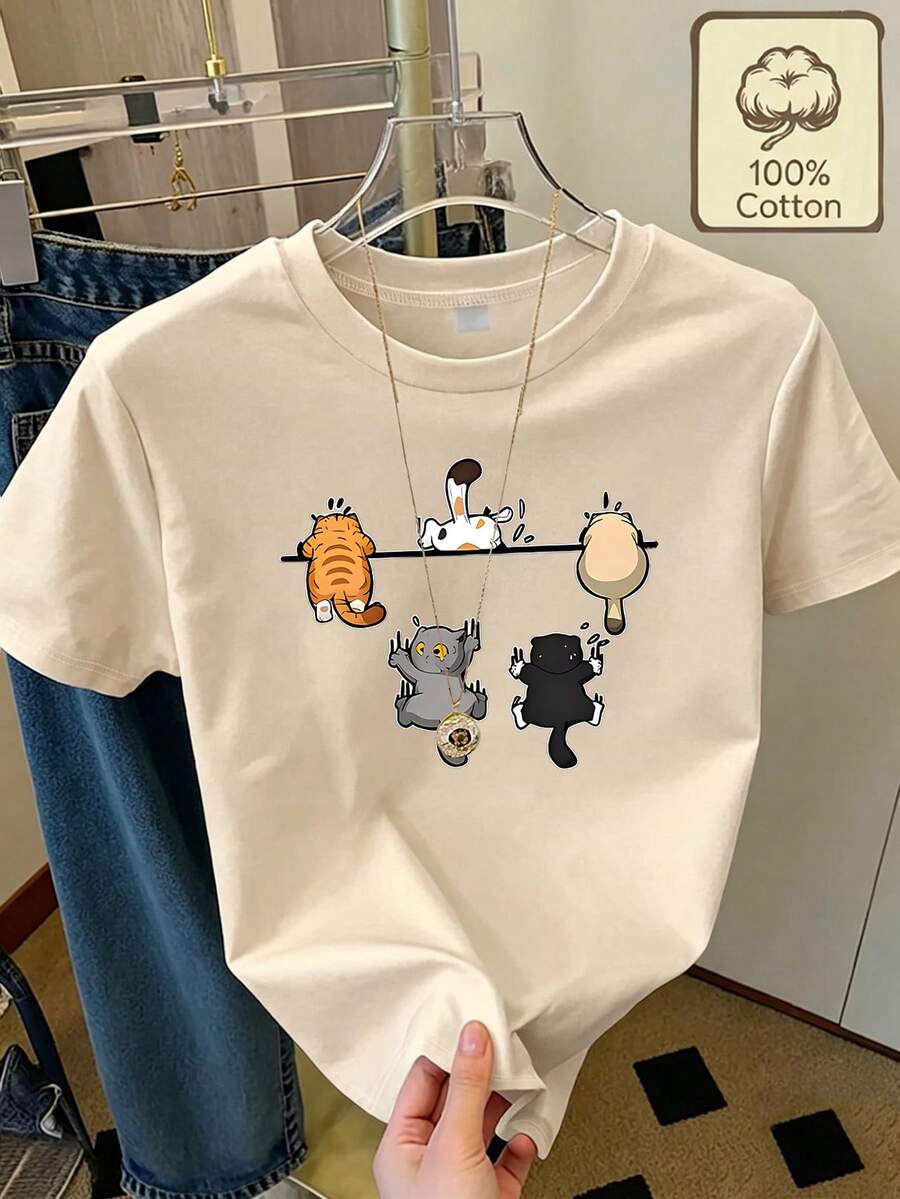 Women's T-Shirt With A 100% Fun Climbing Cat Graphic | Cartoon Kitten Print, Casual, Loose Fit, Short Sleeve | Comfortable Top For Cat Lovers And As A Gift - [淺褐色的] - 查看 1