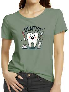 Camiseta Americana Versátil de Manga Corta, con Estampado de Dientes de Dibujos Animados y Cepillo de Dientes y Espejo, Pasta de Dientes y Taza de Café al Lado, Cuello Redondo, Estilo Nuevo de Verano 2026 para Mujer - Verde - Ver 6