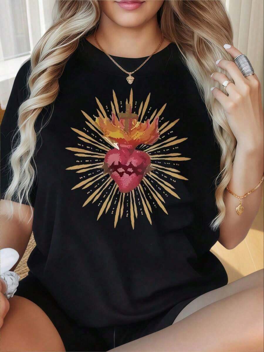 Camiseta de Mujer con Cuello Redondo y Mangas Cortas, Estampado Divertido de la Cruz del Sagrado Corazón, Camiseta Religiosa para Mujer, Diseño Espiritual Negro, Camiseta Gráfica de Moda, Ideal para el Día de San Valentín, Fiestas de Navidad, Actividades Deportivas, Fiestas de Vacaciones, Salidas, Deportes y Otros Regalos Festivos (220g). Blusas Para Mujer Camisa - Negro - Ver 1