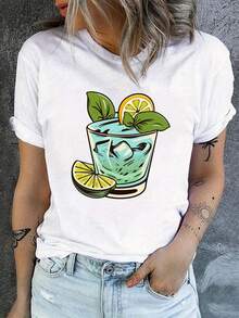 Camiseta de cuello redondo con estampado de cócteles, camiseta casual de manga corta para primavera/verano, ropa de mujer - Camiseta unisex de algodón holgada de manga corta y cuello redondo estilo vintage urbano. - Blanco - Ver 7