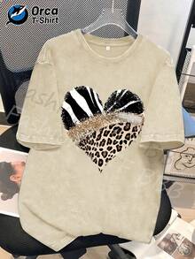1 camiseta con estampado de cebra, leopardo y corazón con brillo, camiseta de moda de algodón lavado de alta calidad de la marca Orca, camiseta unisex, un artículo popular para uso diario, perfecta para regalar a familiares y amigos en Pascua, Día de la Madre, Día de la Independencia y otras festividades. 180g 100% Algodón - Gris - Ver 10