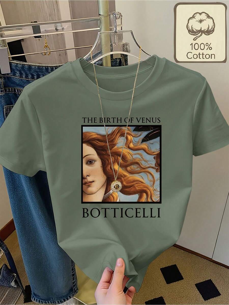 Camiseta 100% con estampado de Botticelli 'El nacimiento de Venus', cuello redondo, manga corta, ropa de verano casual, cómoda y transpirable para mujer - Verde - Ver 1
