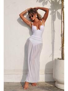Bikini Sexy de 2 Piezas para Mujer con Vestido Largo de Playa, Color Sólido – Estilo Vacacional 2026 - Traje blanco 9383 - Ver 8