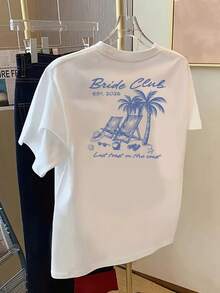 Camiseta estampada a doble cara, "Bride 2026", estampado de tumbona de playa, cuello redondo, manga corta, tela agradable al tacto, diseño clásico para primavera y verano, un artículo de moda imprescindible para mujeres. - Blanco - Ver 8