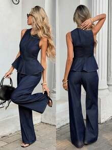 Conjunto de top de mezclilla sin mangas con dobladillo de peplum y jeans para mujer, adecuado para primavera, verano, otoño, elegante para el Día de San Valentín, vacaciones, carnaval, verano, primavera, ir a la universidad, elegante, Y2K, lindo, ropa de fiesta, boda, casual de negocios, vacaciones, resort, chic, conjunto de dos piezas con blusa de dobladillo de peplum y pantalones anchos y fluidos para mujer - Azul - Ver 1