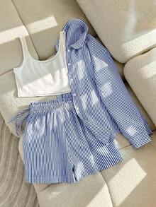 Conjunto casual diario de mujer con camiseta de tirantes de unicolor y blusa de manga larga a rayas de solapa única con pantalones cortos - Azul - Ver 2