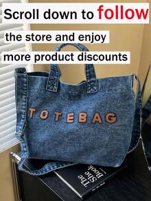 New Casual Chic Washed Jeans Tote Bag: Fashionable Letter-Embellished Handbag-Versatile, Spacious Shoulder Bag Perfect For Work, Commuting, Shopping - Blue - View 3