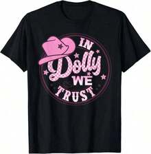 100% Algodón, Camiseta Divertida con Estampado 'In Dolly We Trust' y Gorro Rosa para Niñas, Camiseta Gráfica para Mujer y Hombre, Cuello Redondo, Estilo Clásico, Moda de Verano, Tops para Vacaciones - Negro - Ver 1
